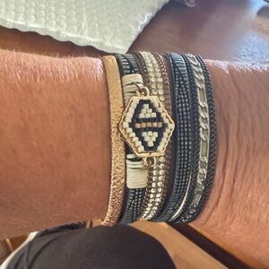 Black white and Gold Beaded Bracelet with 5 leather straps and magnetic closure